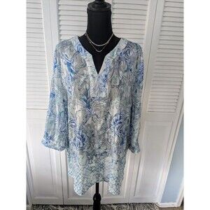 Chico’s Top Women's XL/3 Poppy Valley Burnout Pullover Blouse Blue White Sheer